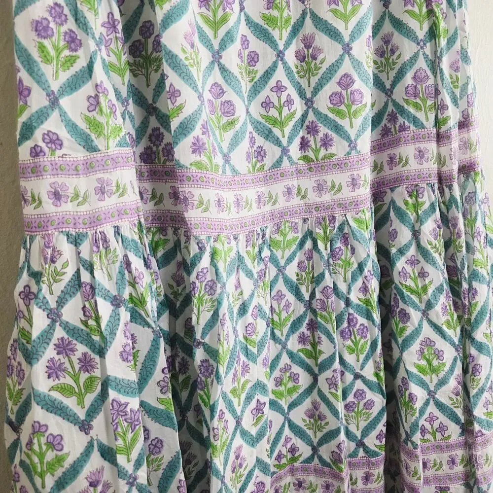 Alicia Bell Sutton Turquoise Purple Floral Silk Blend Tiered Maxi Skirt - Picture 7 of 12